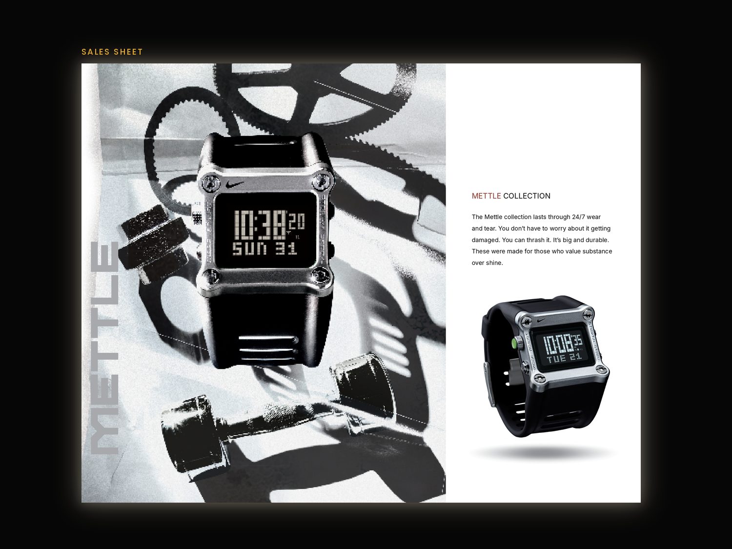 Nike Mettle Collection sales sheet: a catalog spread with the Mettle digital watch over black-and-white gears and weights, and the collection copy beside a product shot