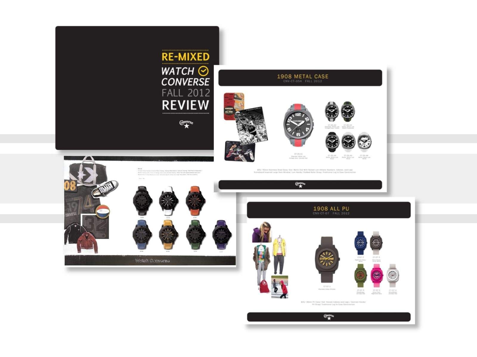 Converse Re-Mixed Watch Fall 2012 Review presentation: a black title cover and three pages for the 1908 Metal Case and 1908 All PU watch collections, plus a catalog sheet of the SA-04 watch in seven colorways