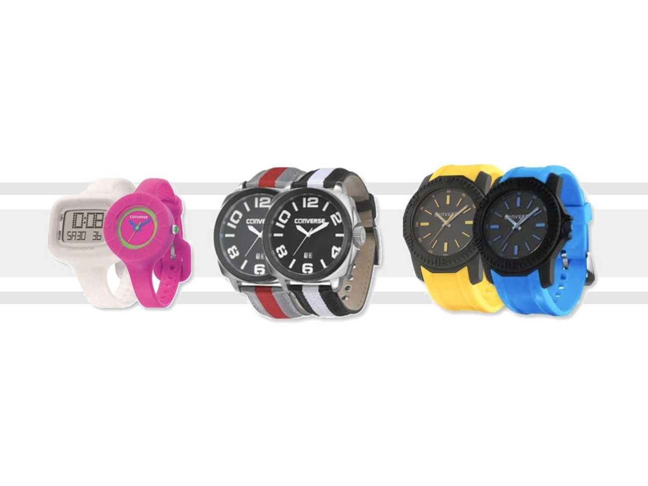 Converse watches in a line: white digital and pink analog pair, striped canvas pair, and yellow and blue silicone pair