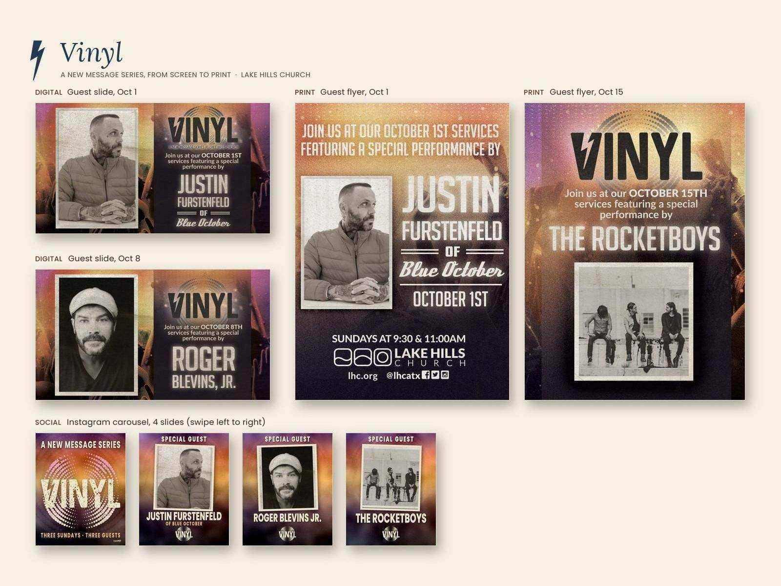 Lake Hills Church Vinyl campaign board: the series logo applied to two guest-artist screen slides, two printed guest flyers and a four-slide Instagram carousel featuring Justin Furstenfeld of Blue October, Roger Blevins Jr. and The Rocketboys
