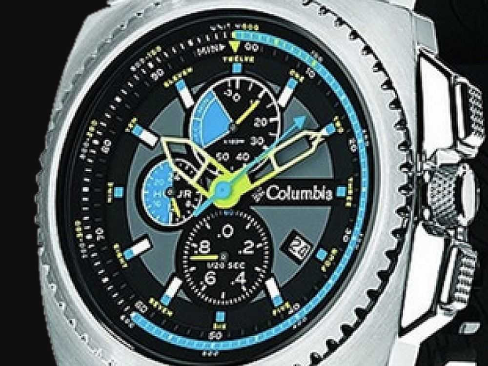 Close-up of the Columbia chronograph watch showing the dial, bezel and case