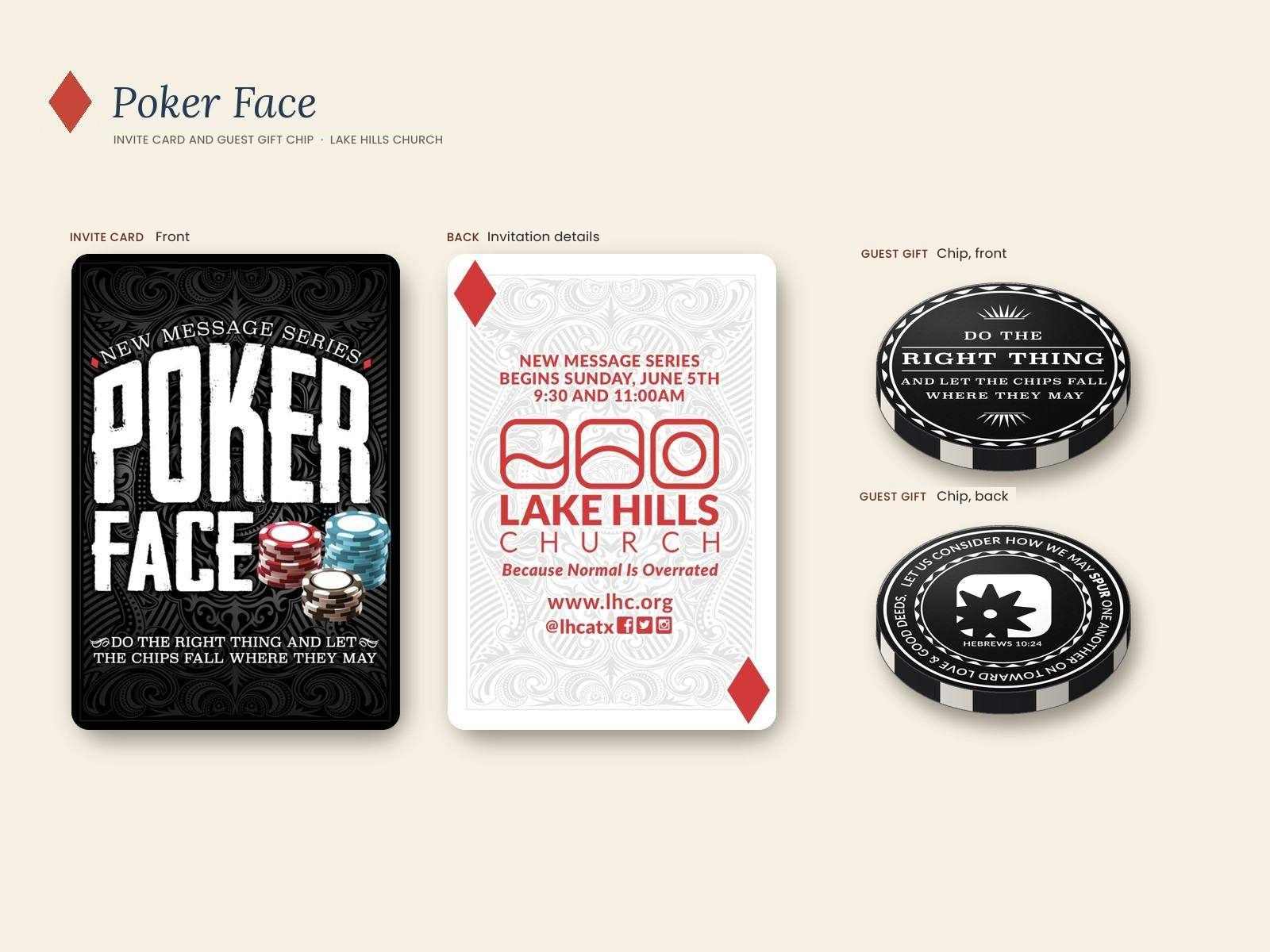 Poker Face invite card, front and back, shaped like playing cards, with the custom guest gift poker chip front and back