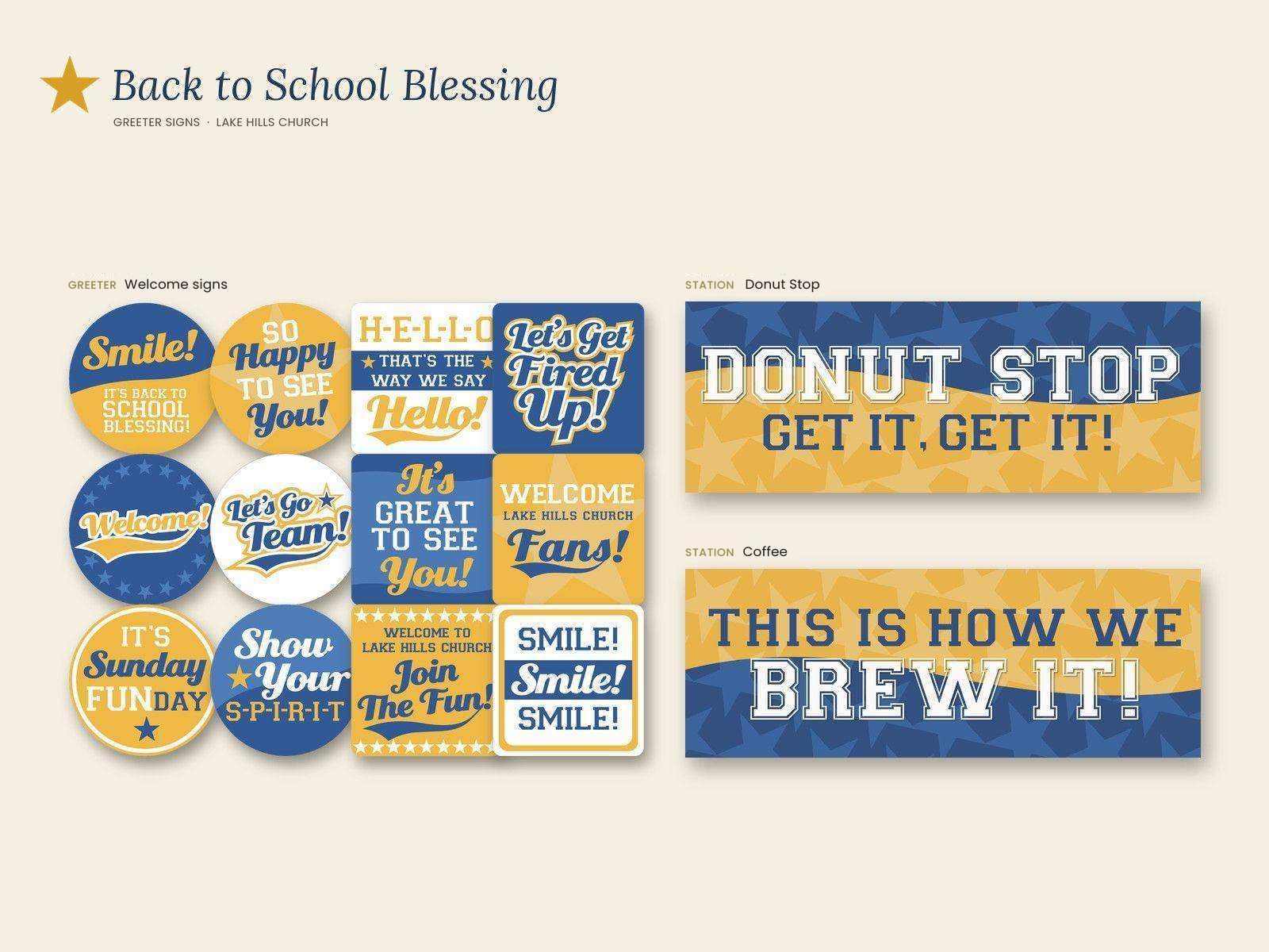 Lake Hills Church Back to School Blessing greeter signs and station signs: six round and six rounded-square welcome stickers in blue and gold with Smile, Hello, Welcome, Let's Go Team and Show Your Spirit