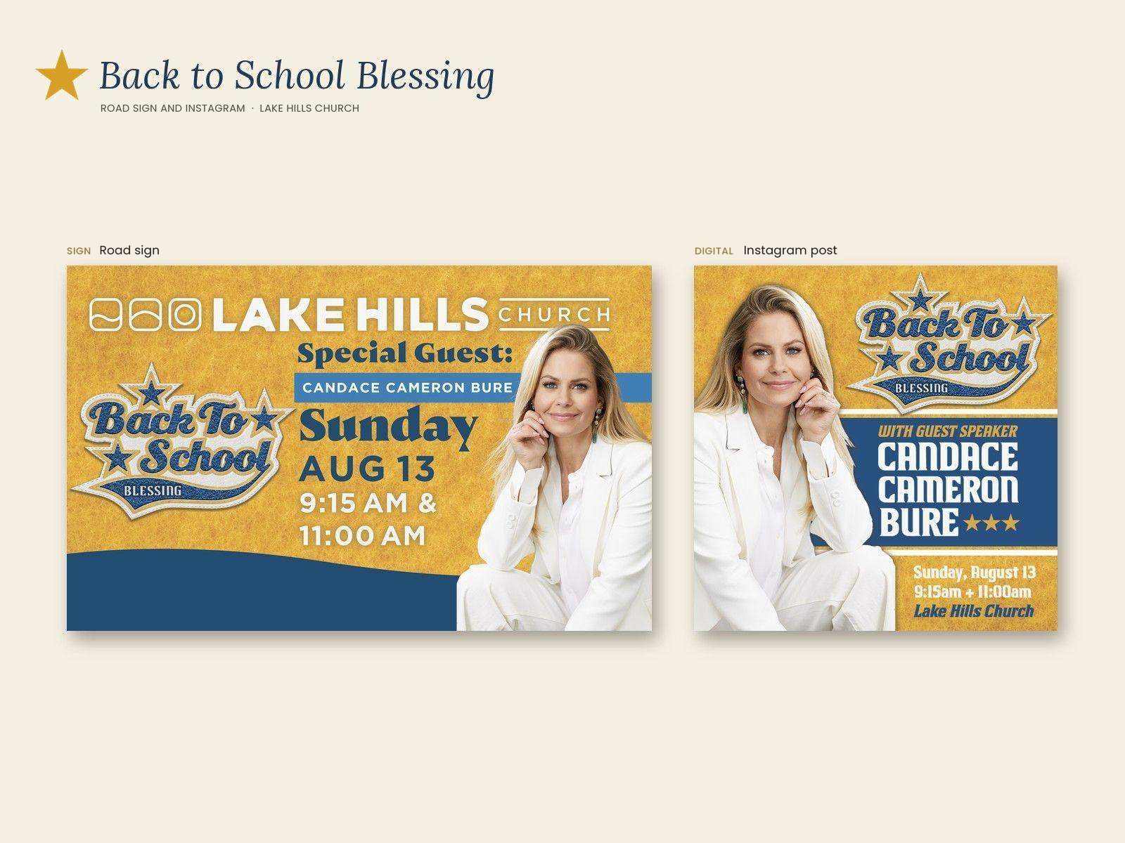 Lake Hills Church Back to School Blessing road sign and Instagram post with guest speaker Candace Cameron Bure, Sunday August 13