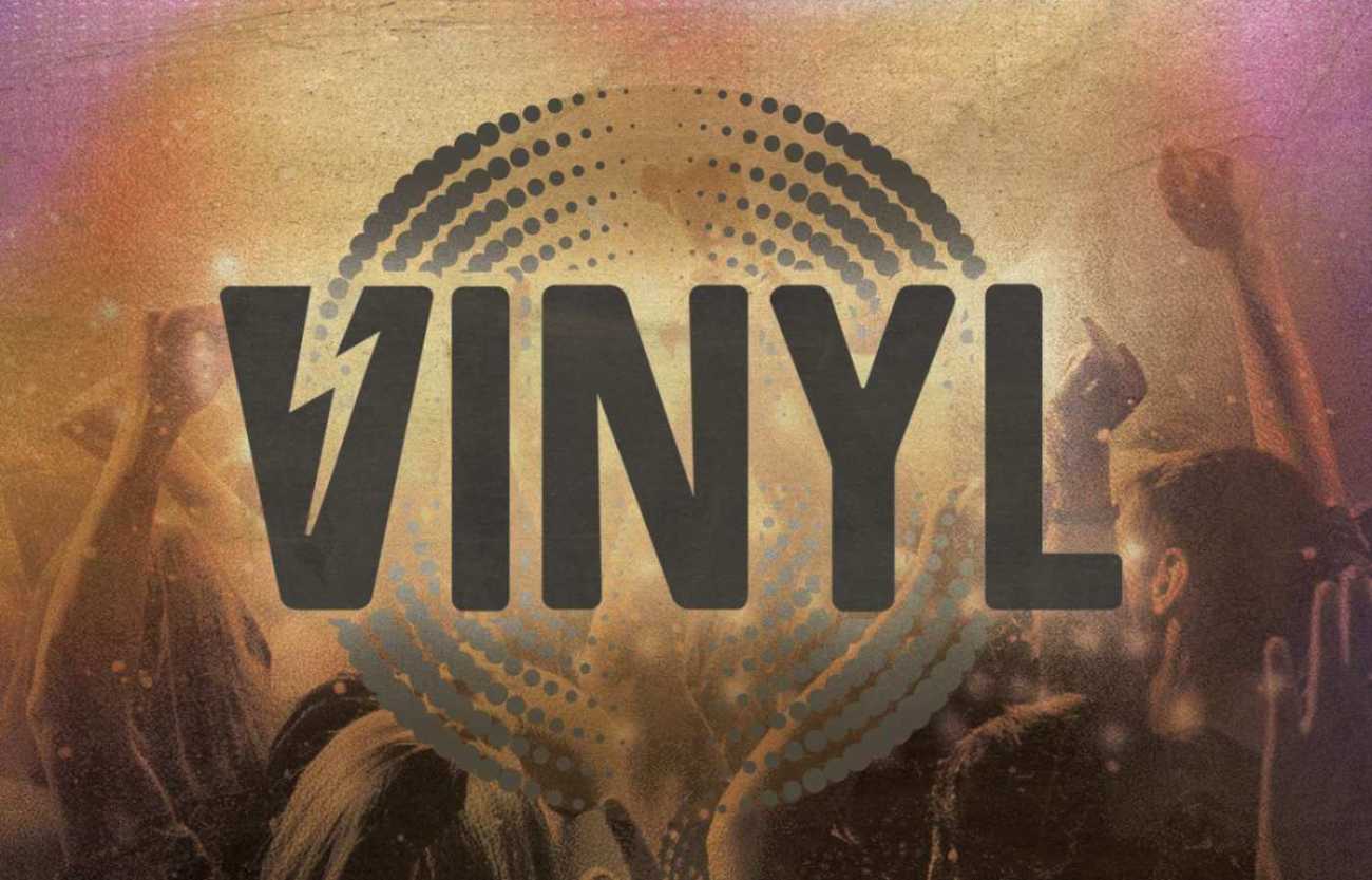 Lake Hills Church Vinyl logo: bold charcoal lettering with a lightning bolt in the V over a halftone record circle and a warm, vintage crowd photo with raised fists