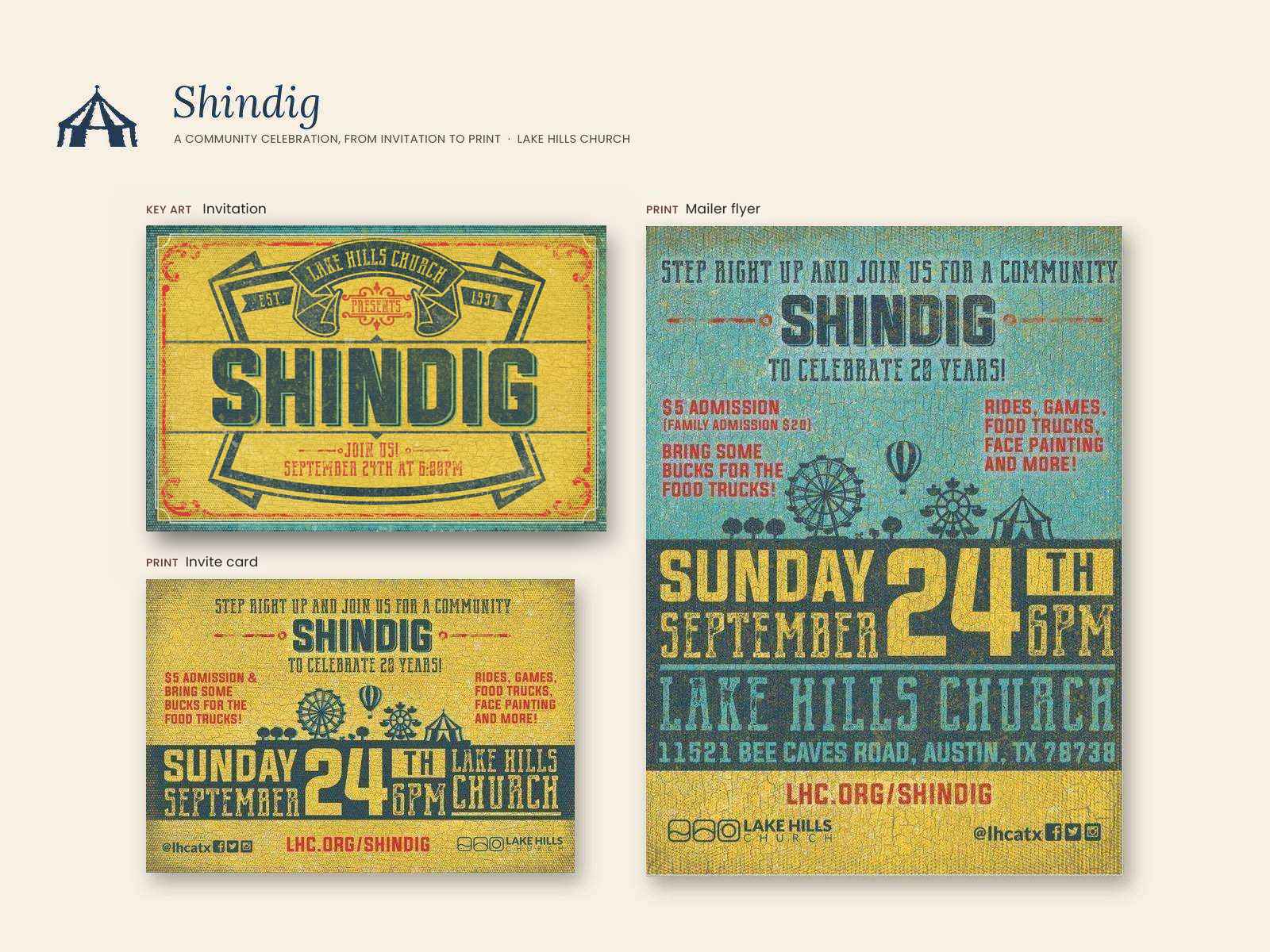Lake Hills Church Shindig campaign board: the vintage invitation as key art, with the matching mailer flyer and yellow invite card