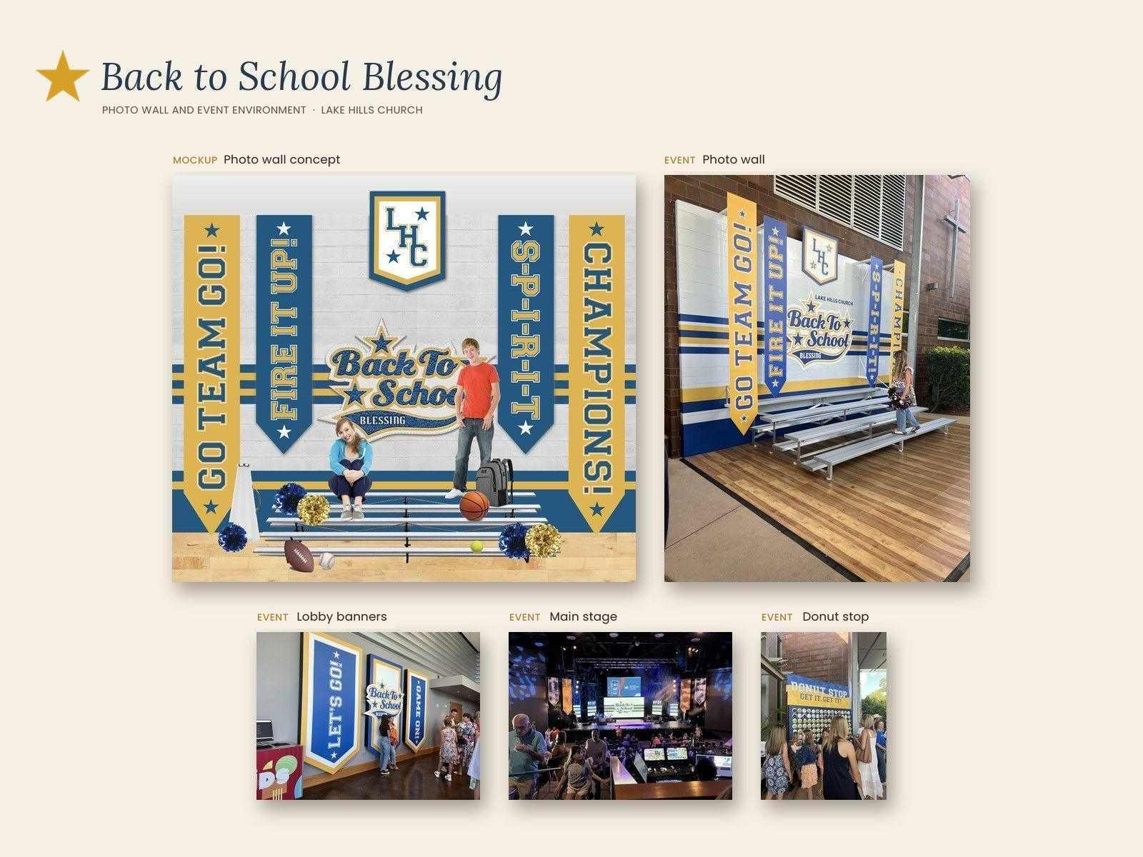 Lake Hills Church Back to School Blessing photo wall mock-up beside photos of the event: the built photo wall, lobby banners, the main stage and the donut stop