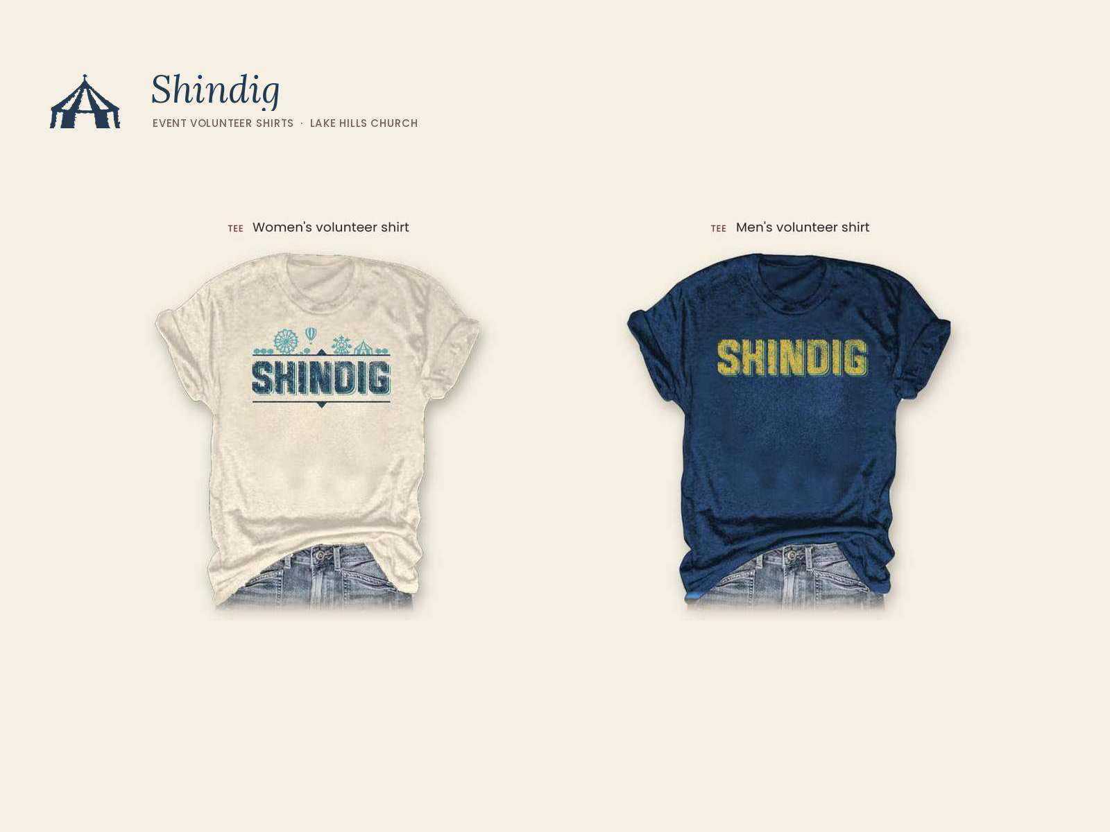 Lake Hills Church Shindig event volunteer shirts: a cream women's shirt with the Shindig lettering, red details and light blue circus icons, and a navy men's shirt with mustard lettering