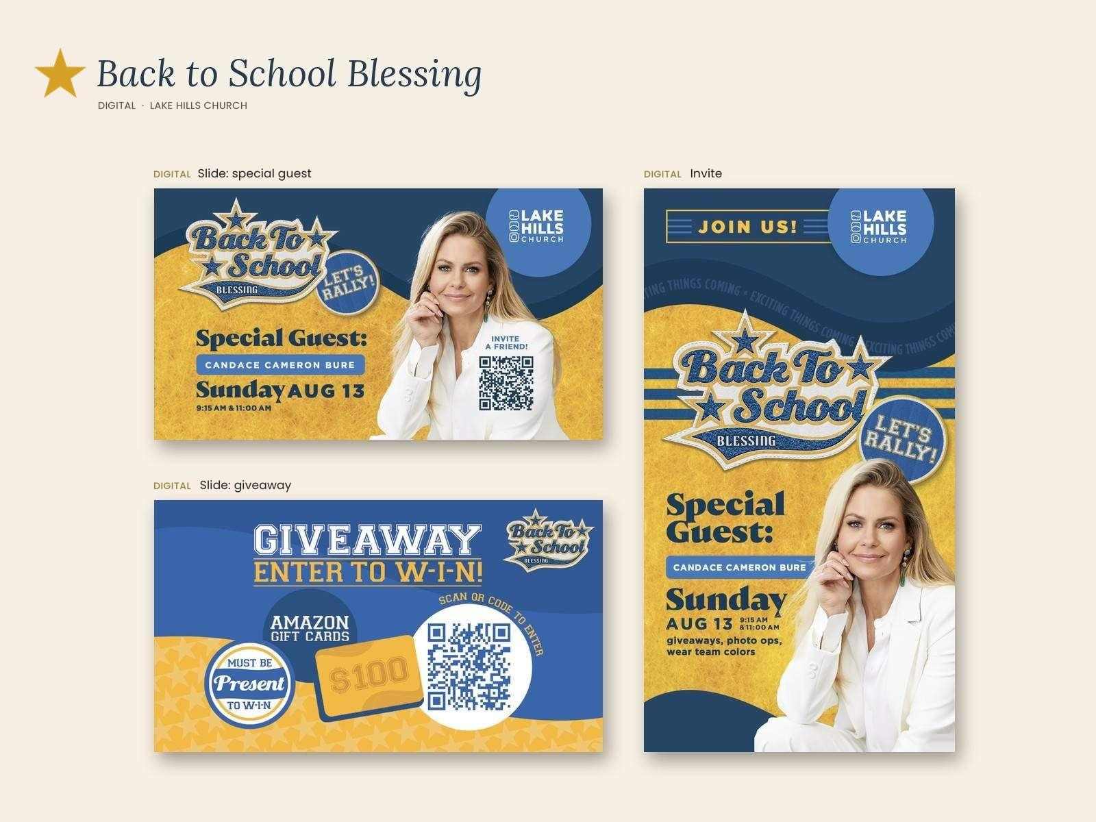 Lake Hills Church Back to School Blessing digital pieces: two slides, a special guest announcement and a giveaway, and a tall digital invite