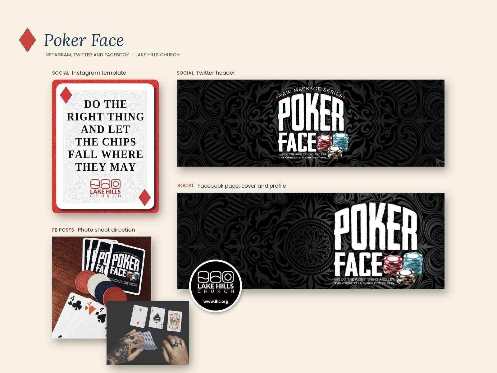 Poker Face series social media: Instagram post template, a photo of the series cards, Twitter header, and Facebook cover with the profile picture overlaid as it appears on Facebook