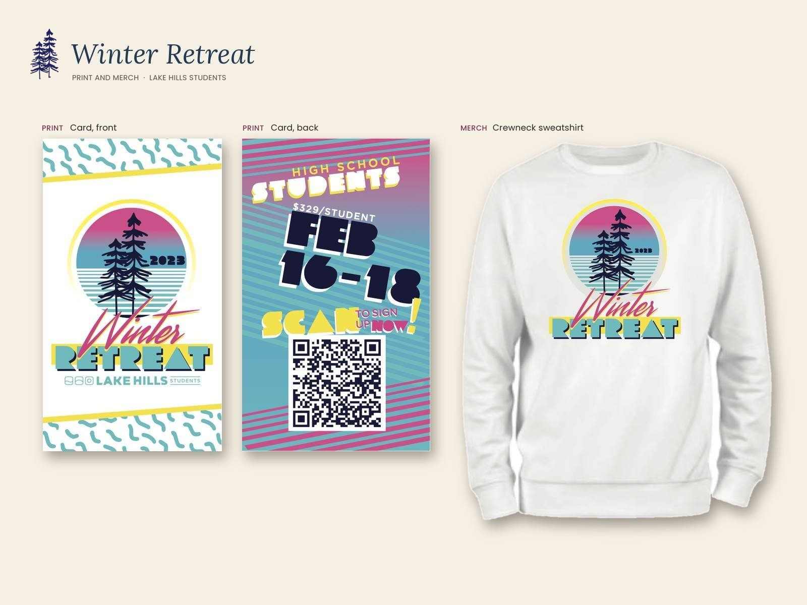 Lake Hills Students Winter Retreat print and merch: the handout card front and back, and the crewneck sweatshirt