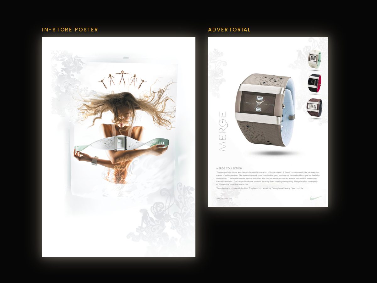 Nike in-store poster hero image of a dancer with flying hair wearing the Merge watch, beside the Merge Collection advertorial page