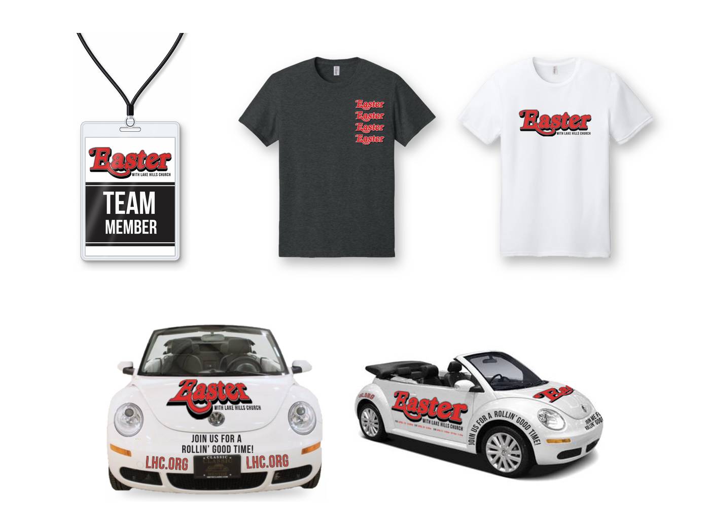 Lake Hills Church Easter Team Member lanyard, charcoal and white Easter t-shirts, and the Easter car wrap on a white Beetle convertible, front and three-quarter views