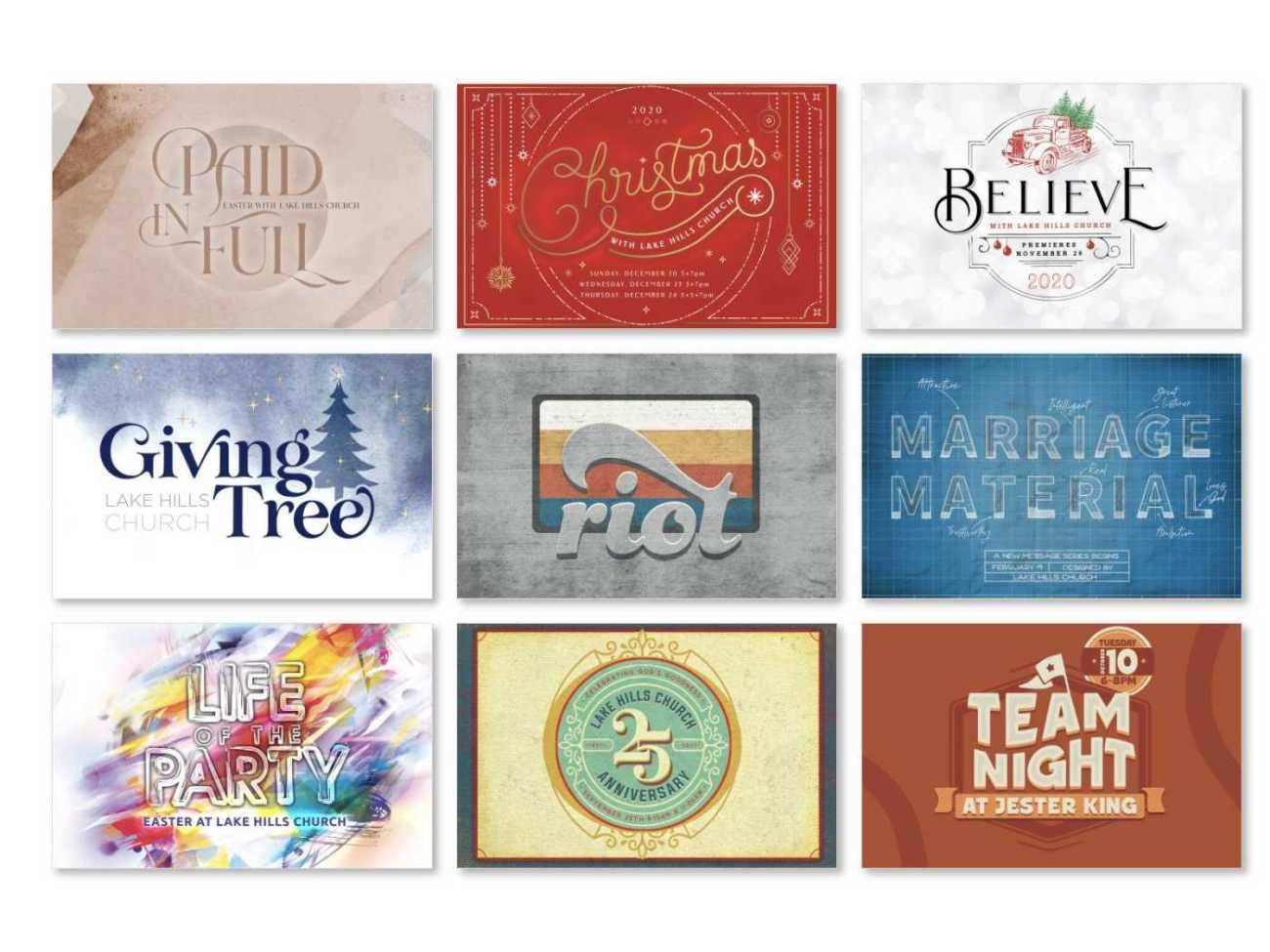 Lake Hills Church branding collection, page four: event and series graphics including Paid in Full, Christmas 2020, Believe 2020, Riot, Life of the Party, Team Night, Giving Tree, 25th Anniversary and Marriage Material