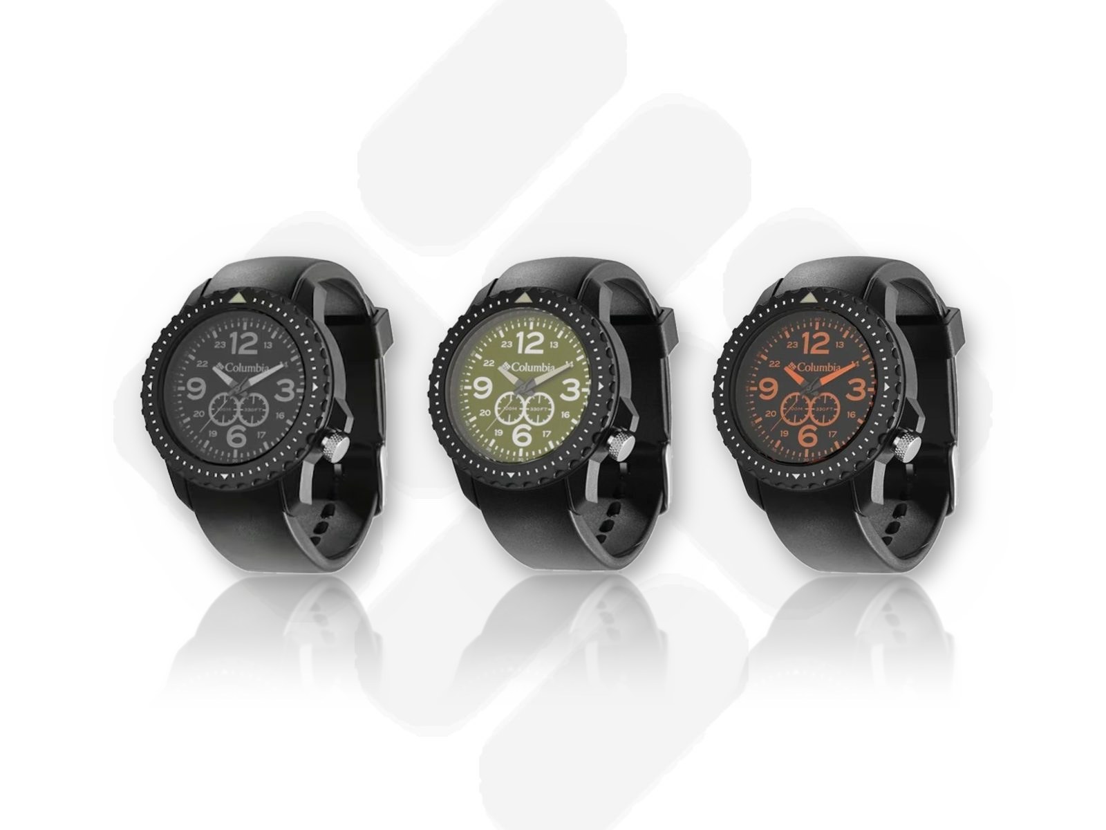 Columbia military-style watches in a row: black dial with gray numerals, olive green dial, and black dial with orange numerals, all with black bezels and black straps