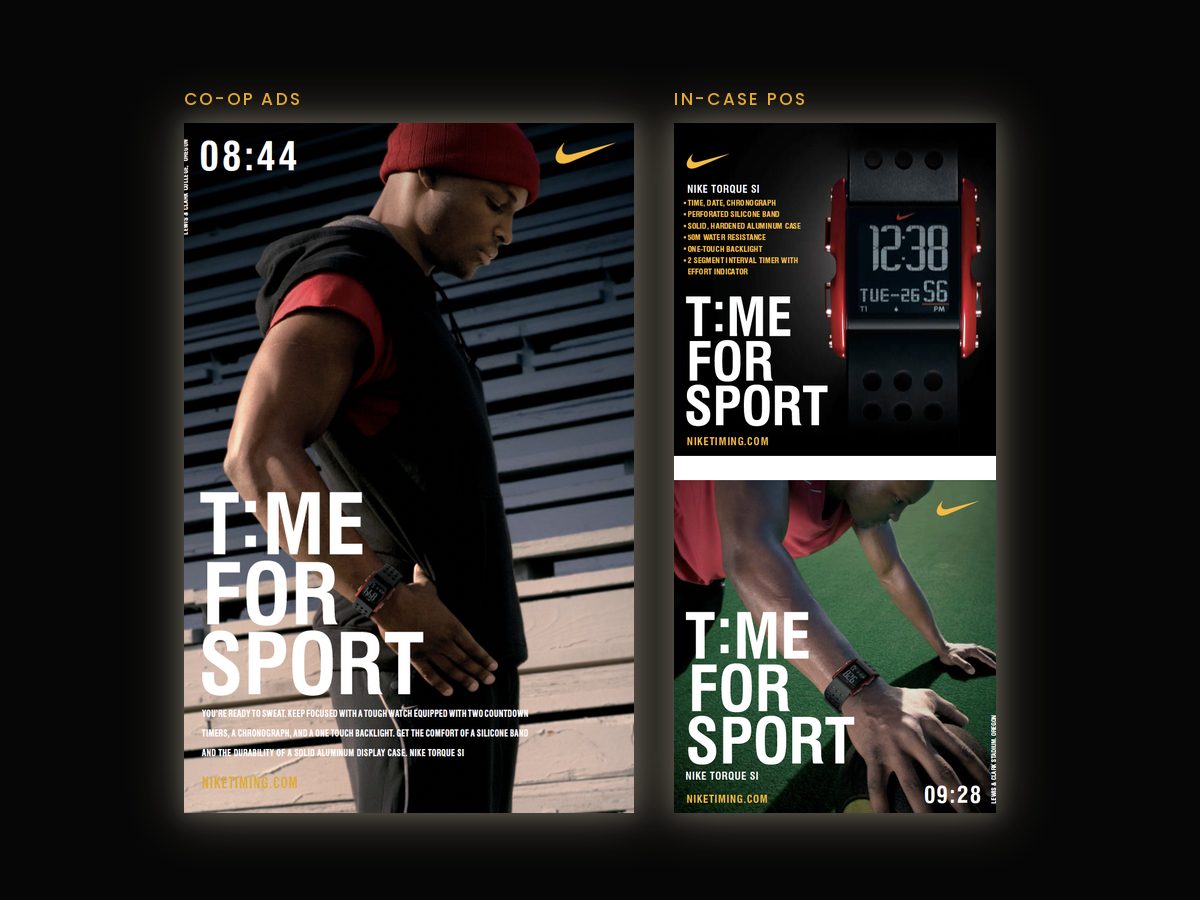 Nike Time for Sport materials featuring the Torque SI men's watch: the red-beanie co-op ad and the in-case POS cards