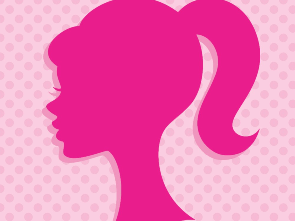 Bright pink retro Barbie silhouette on a light pink polka-dot background