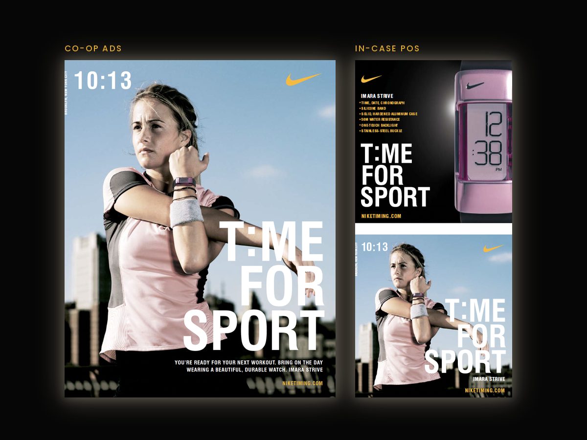 Nike Time for Sport advertorial for the Imara Strive women's watch: the full-page ad of the athlete stretching against the skyline beside the pink digital watch ad