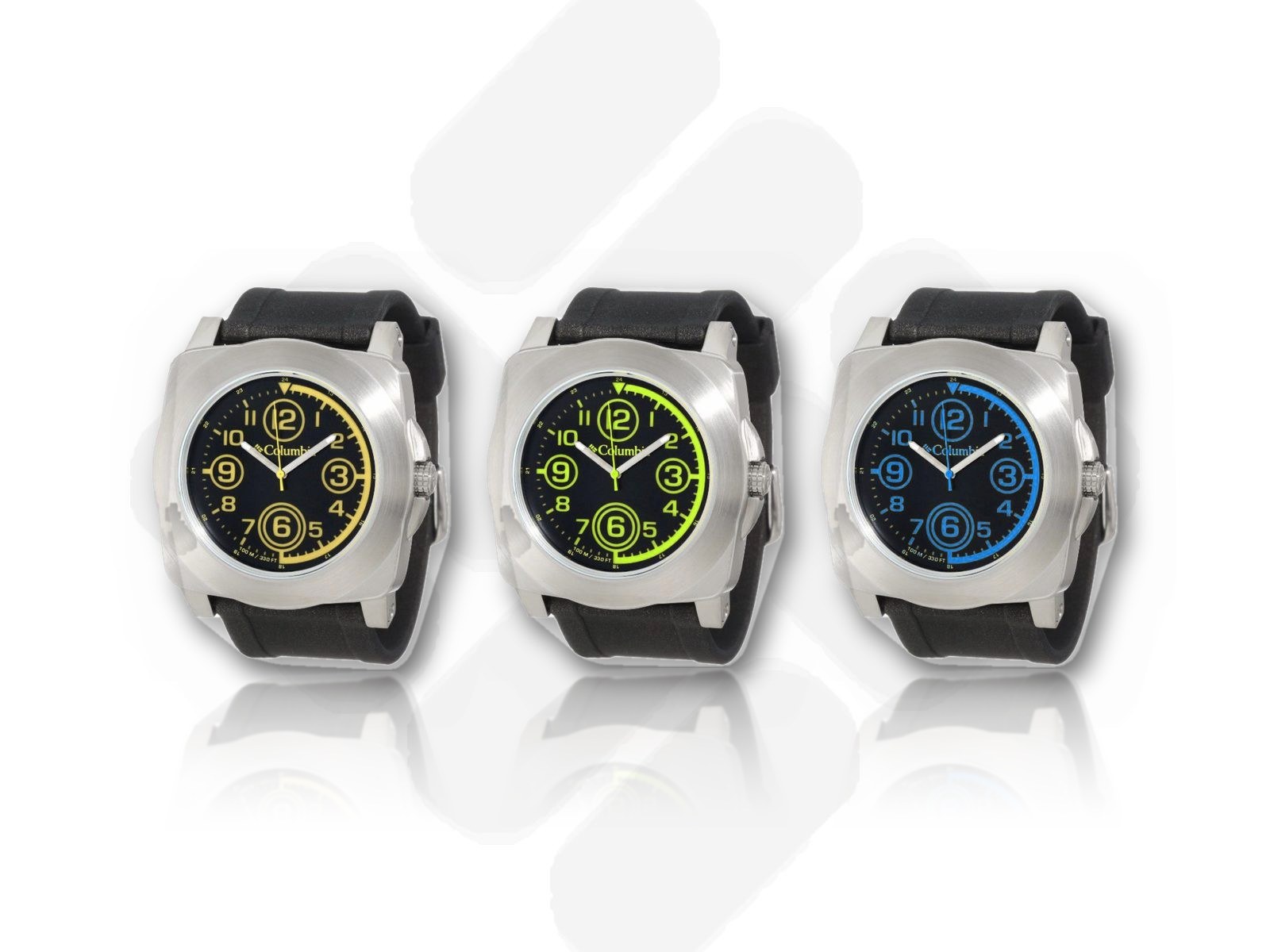 Columbia watches in a row: a steel case with black dial and yellow accents, the same watch with bright green accents, and the same watch with Columbia blue accents, all on black straps