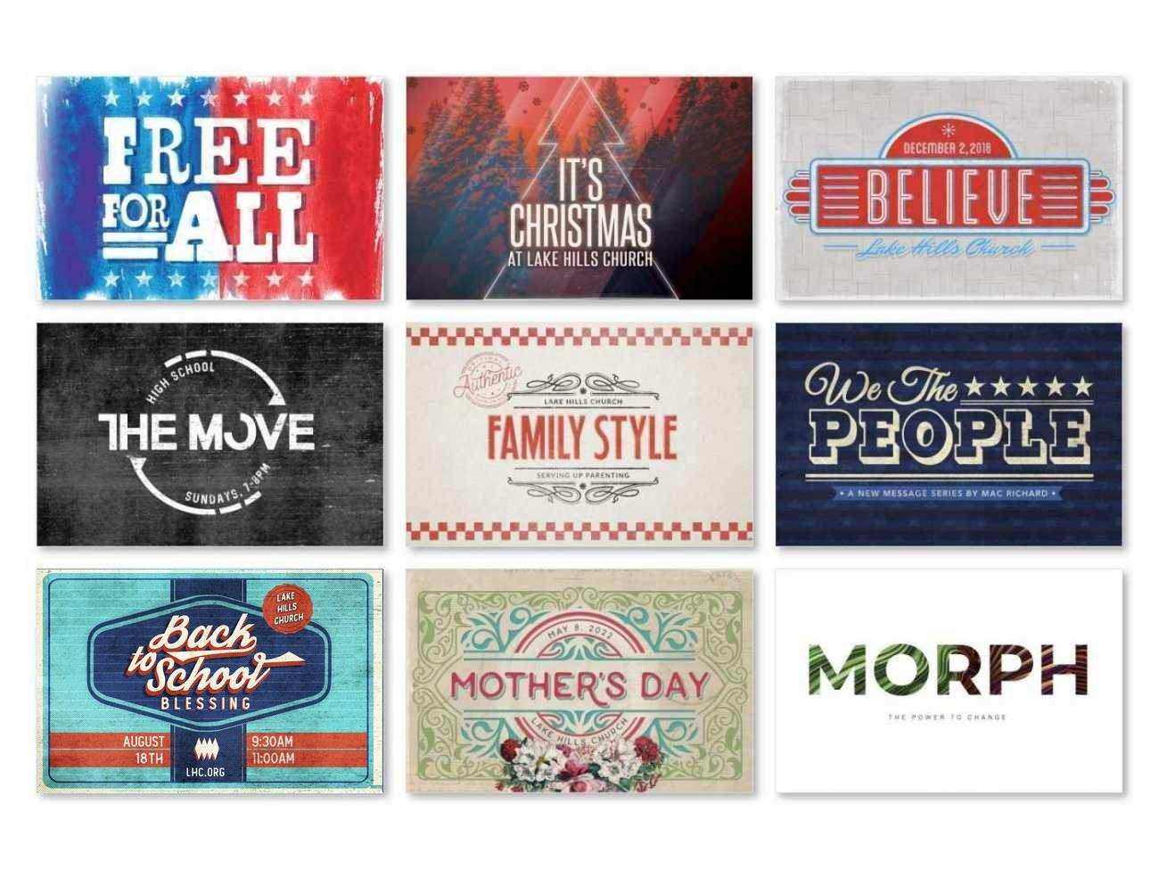 Lake Hills Church branding collection, page two of three: nine series and event graphics including Free for All, It's Christmas, Believe, The Move, Family Style, We The People, Why Bother, Mother's Day and Morph