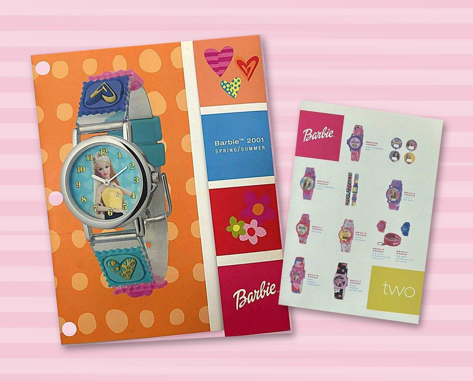 Barbie 2001 Spring/Summer catalog cover with a heart-strap watch, tilted left, with the inside page overlaid on its right side