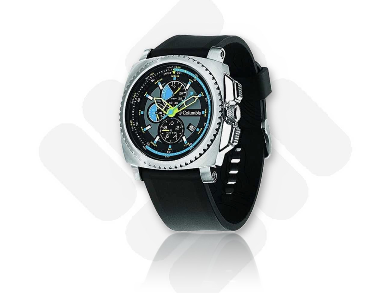 Columbia chronograph watch with black dial, blue and yellow accents, steel case and black strap