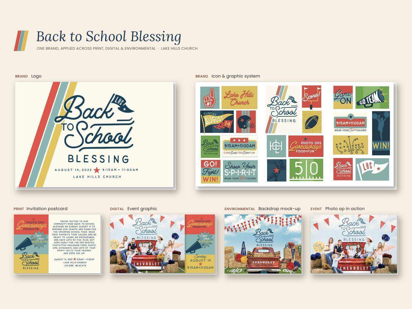Lake Hills Church Back to School Blessing campaign board: the logo and icon system as the brand, applied to a print invitation postcard, a photo-op backdrop, an event graphic and a photo op