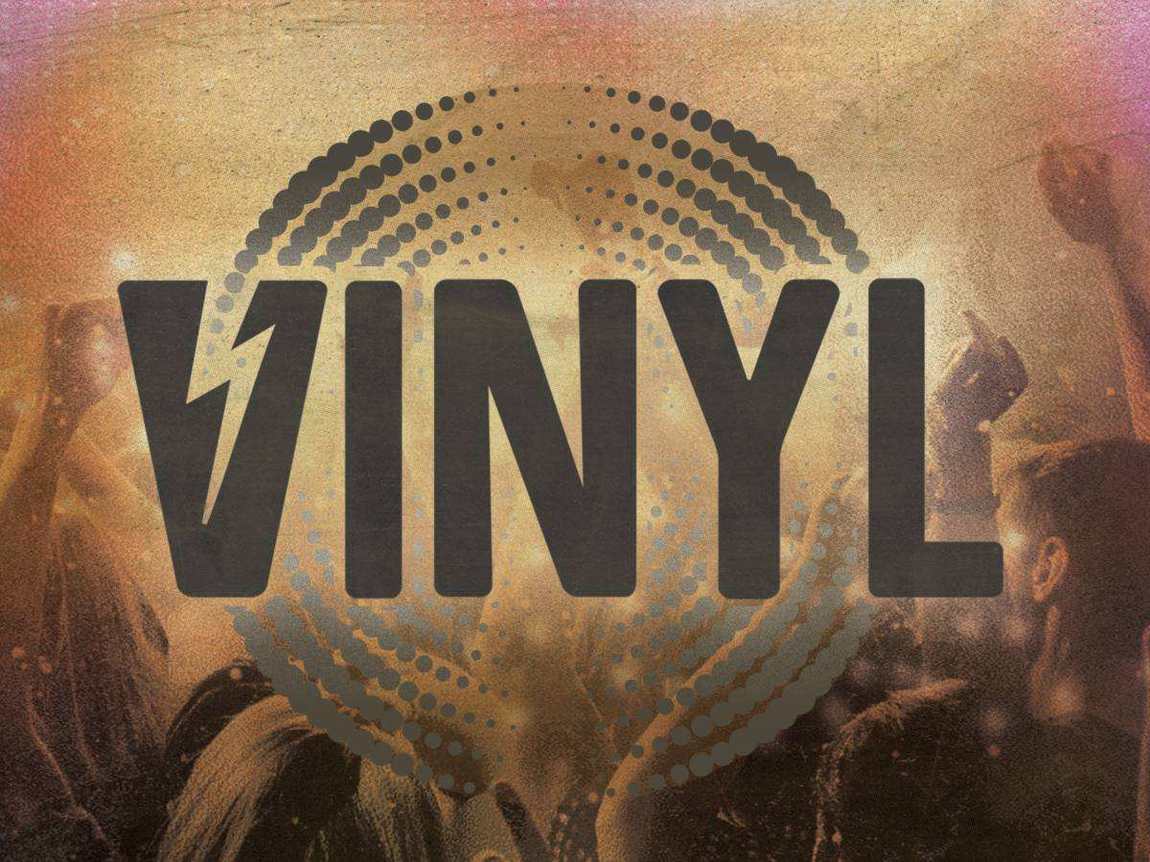 Lake Hills Church Vinyl logo: bold charcoal lettering with a lightning bolt in the V over a halftone record circle and a warm, vintage crowd photo with raised fists