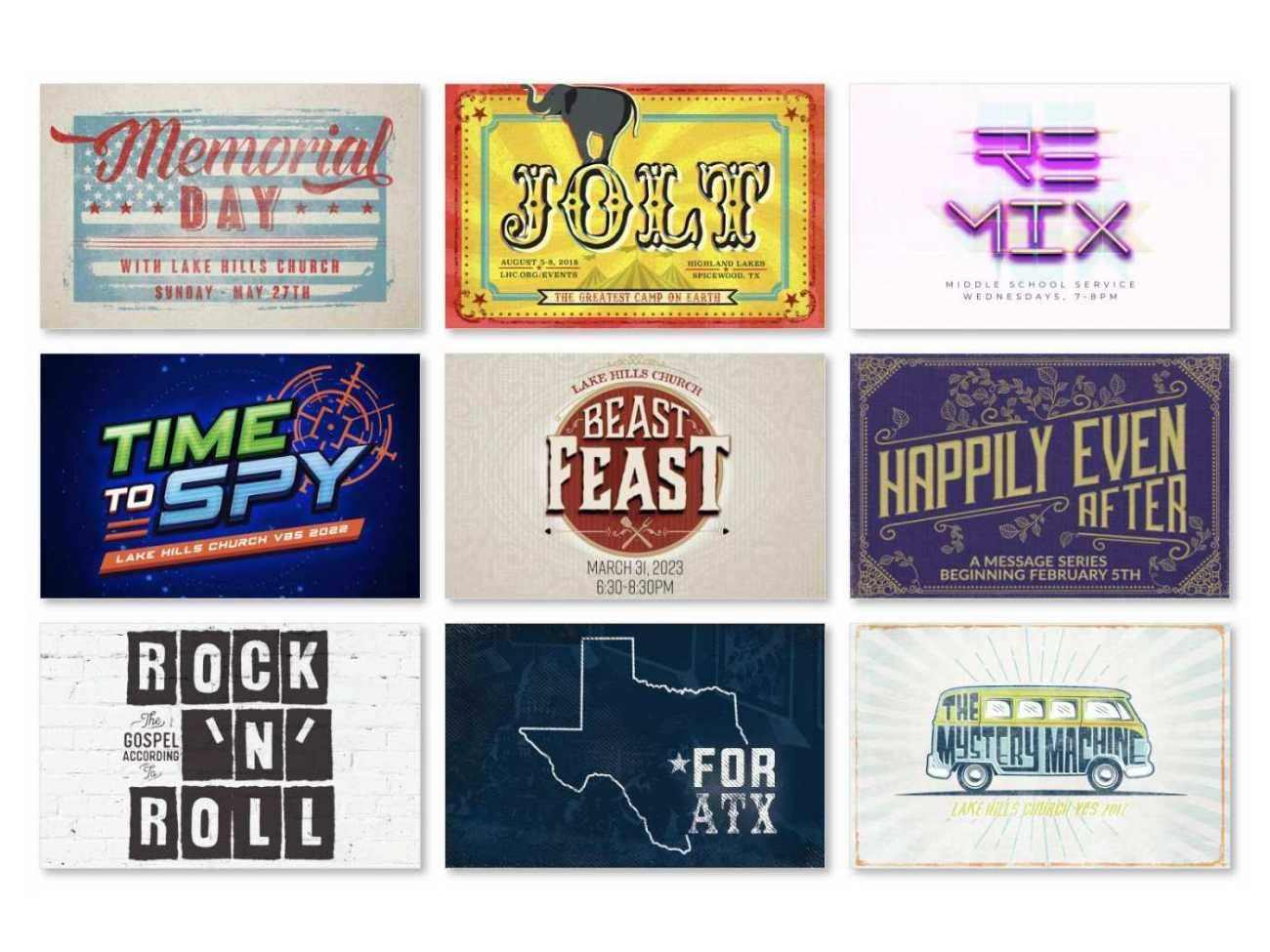Lake Hills Church branding collection, page one of three: nine series and event graphics including Memorial Day, JOLT, Remix, Time to Spy, Beast Feast, Happily Even After, Rock 'n' Roll, For ATX and The Mystery Machine