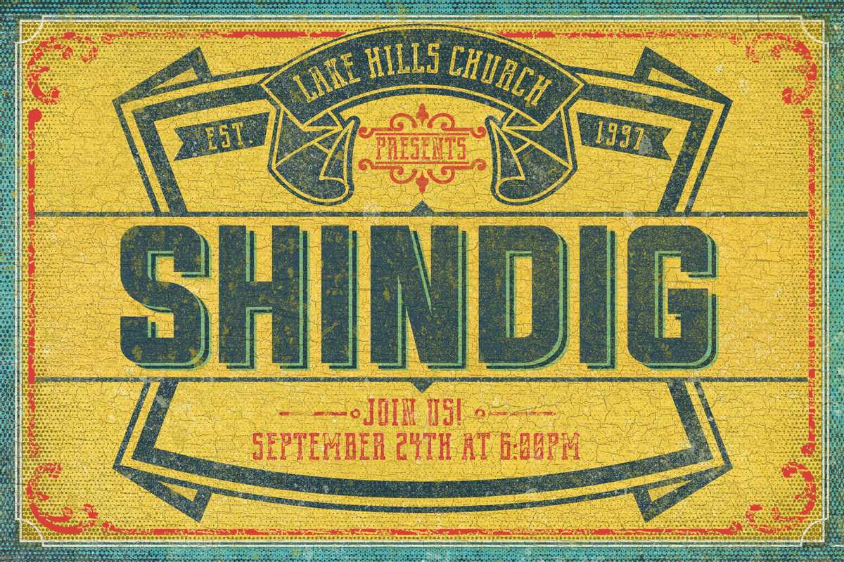 Lake Hills Church Shindig invitation, Join us September 24th at 6:00pm, in a vintage letterpress style with a navy shield, ribbon banners and red flourishes