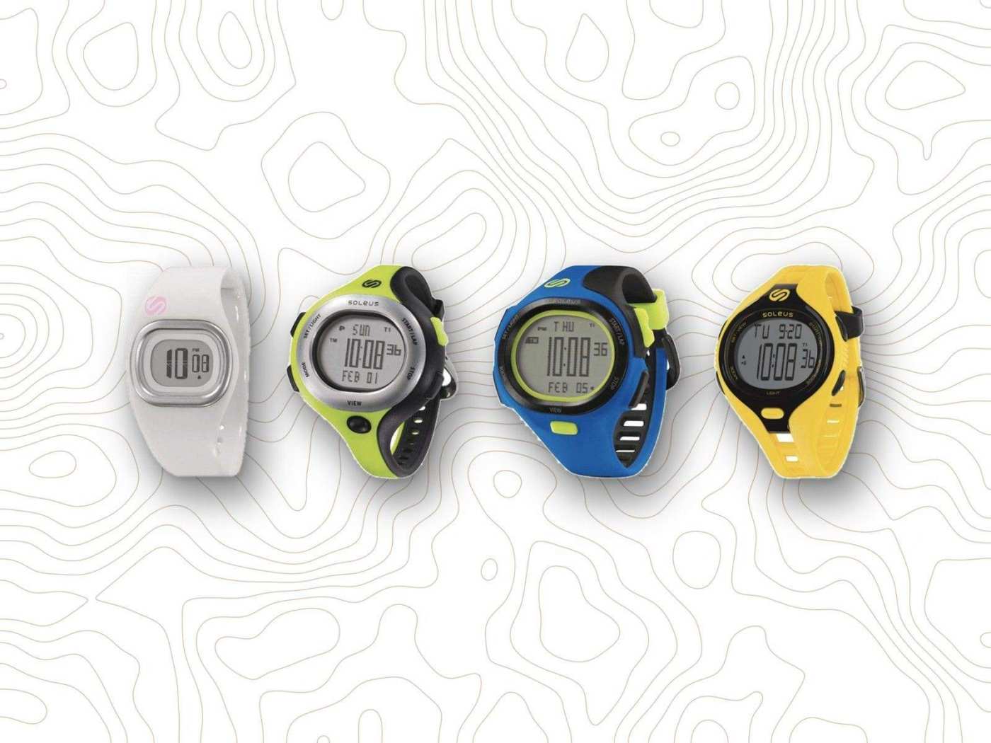 Four Soleus running watches in a row: white with silver bezel, lime and black, blue and lime, and yellow and black