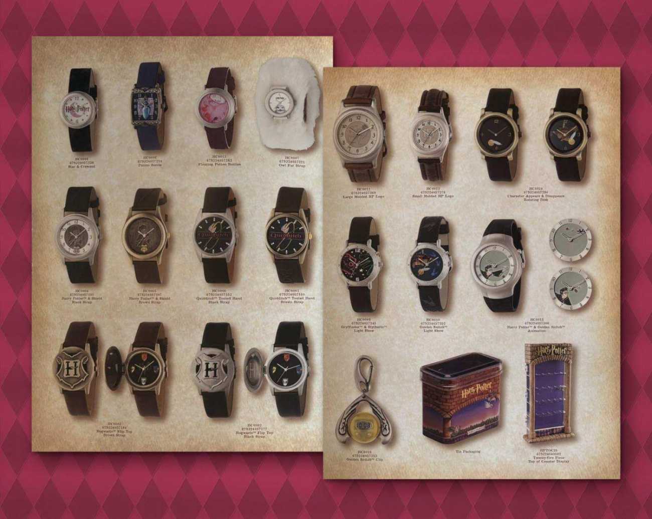 Inside spread of the Harry Potter Spring 2001 catalog: two pages of watches, a golden snitch clip, the tin packaging and a counter display, stacked on the maroon diamond pattern